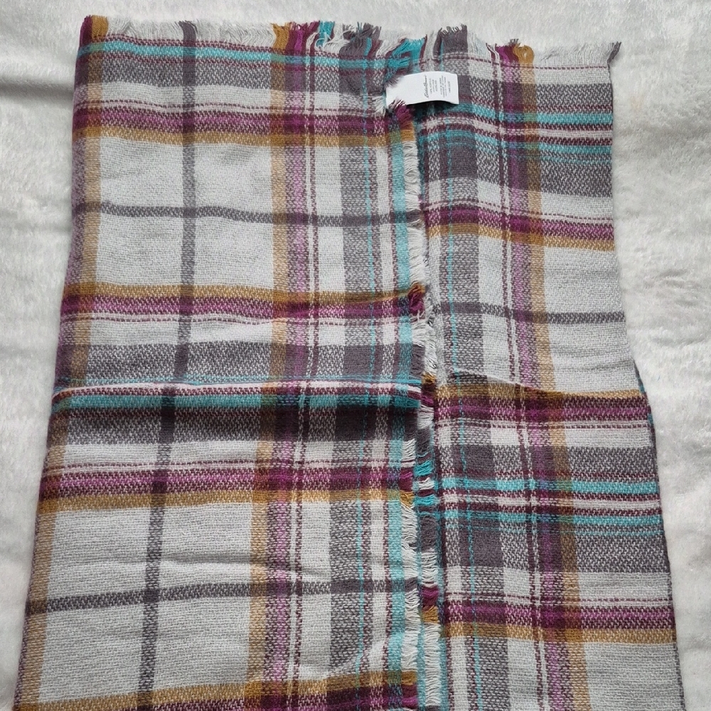 Plaid Fringe Blanket Scarf in White, Gray, Teal & Mustard